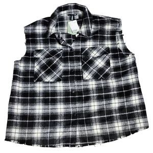 Divided NWT men's black white raw hem cut off flannel button down vest